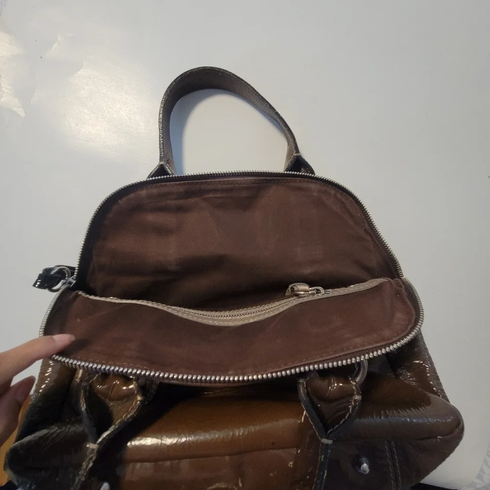 Chloe Bay Quilted Patent Leather Satchel Bag.